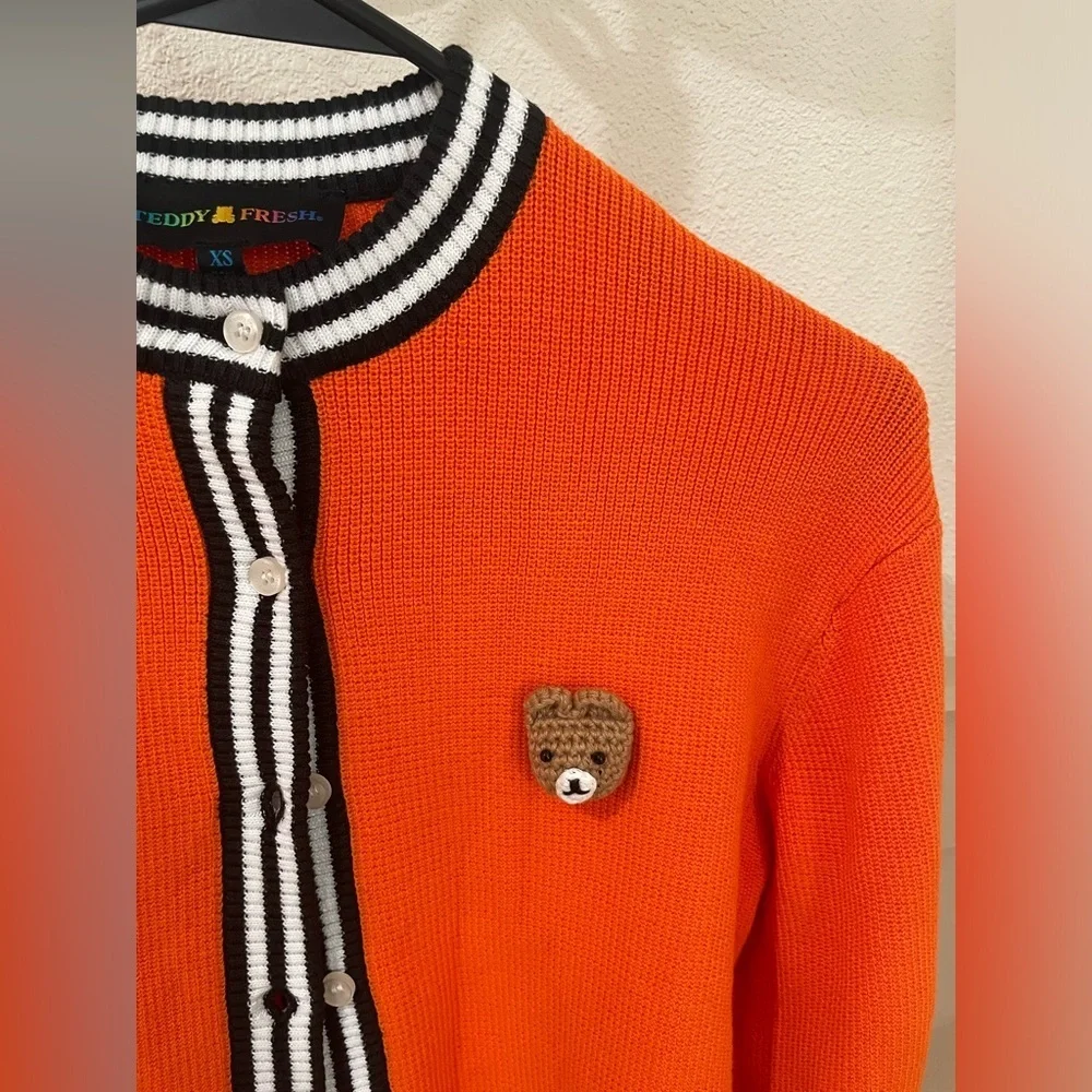 Teddy Fresh Orange Button Up Bear Cardigan with Striped Trim - Picture 4 of 6